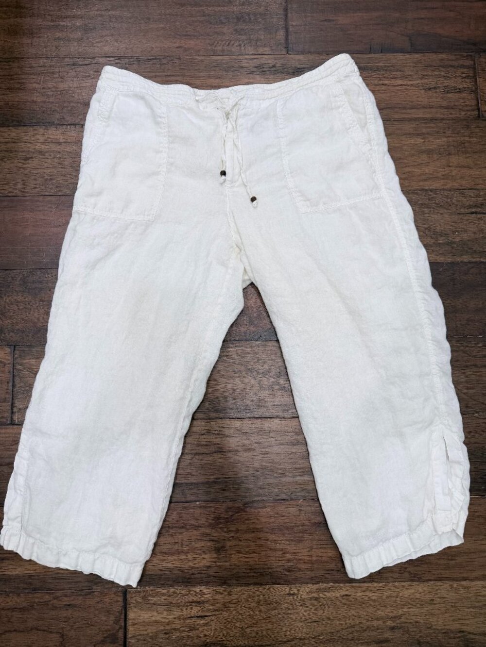 Liz Claiborne White Linen Look Cropped Wide Leg Pants Large Lined Drawstring